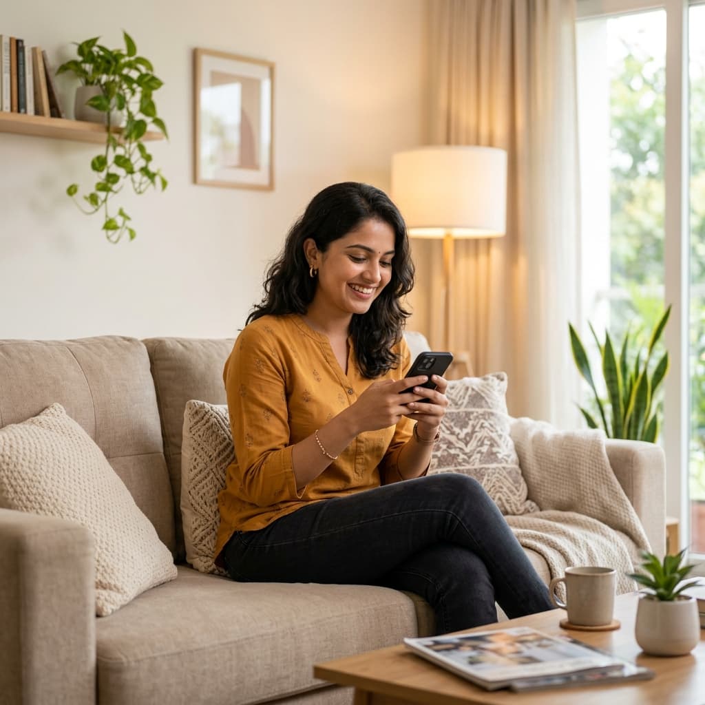 Woman using phone to book home services