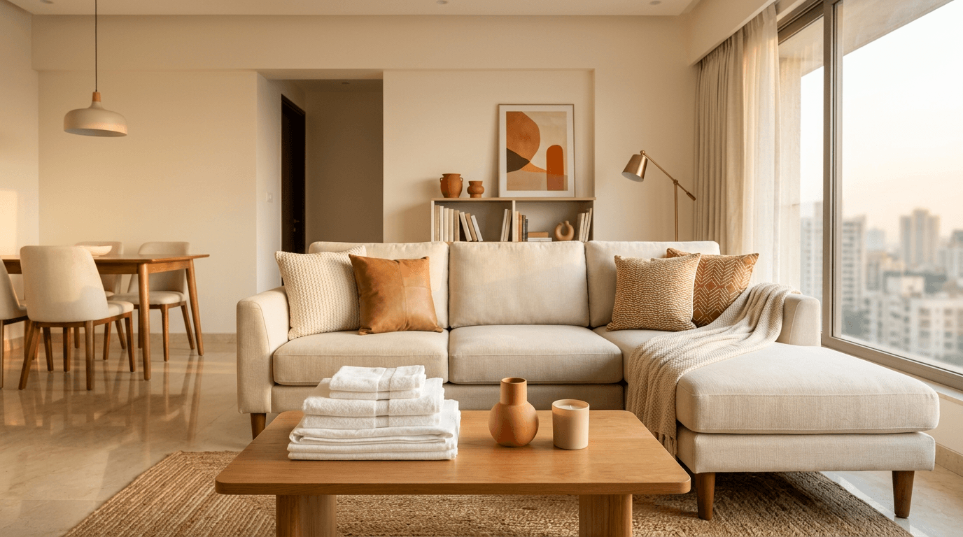 Bright, freshly cleaned modern home interior with warm light