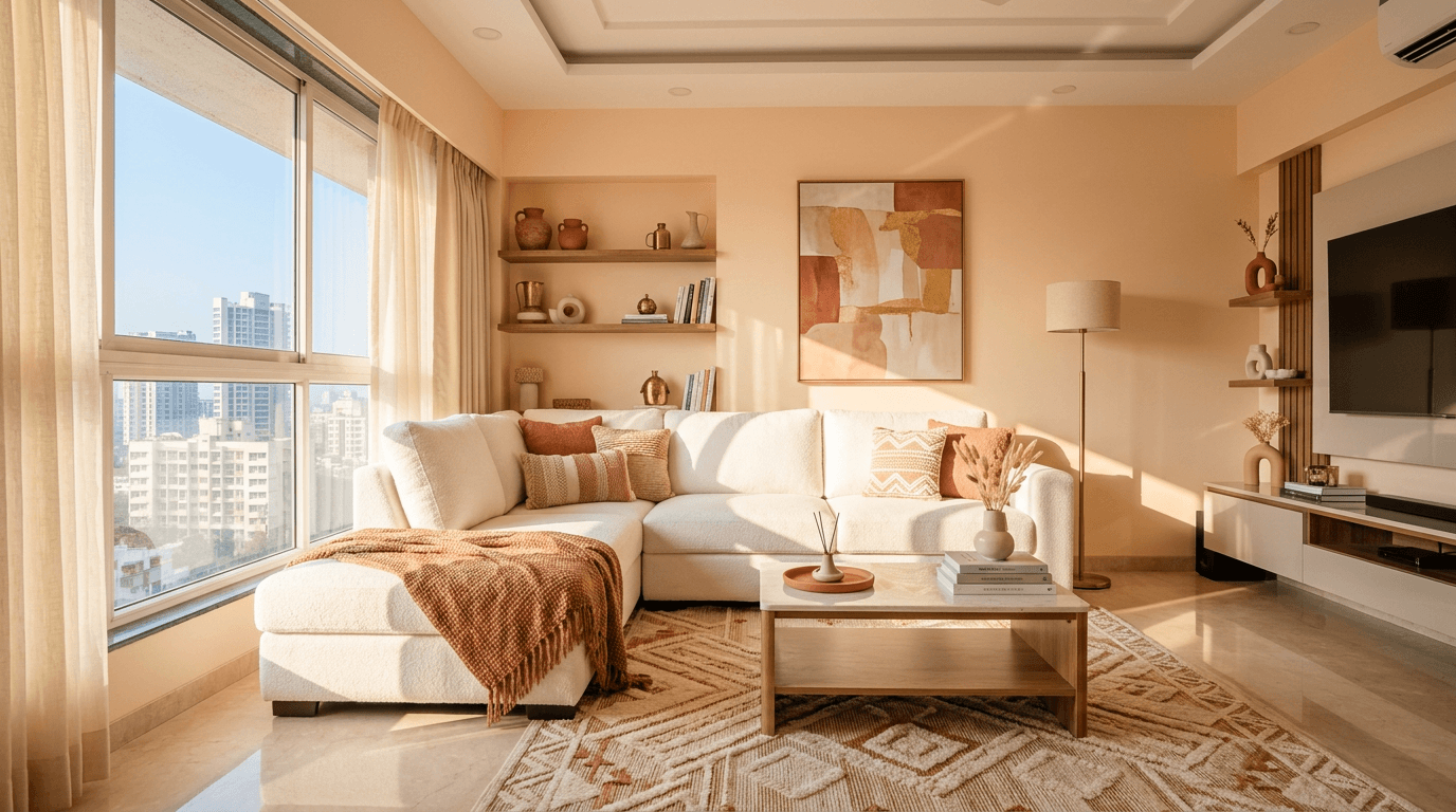 Bright, freshly cleaned living space — hygienic home interior with warm accents