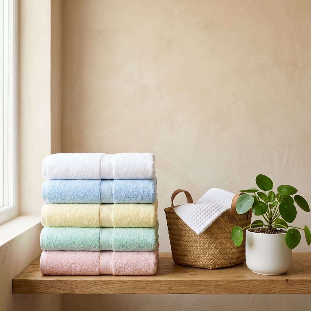 Folded towels and laundry basket