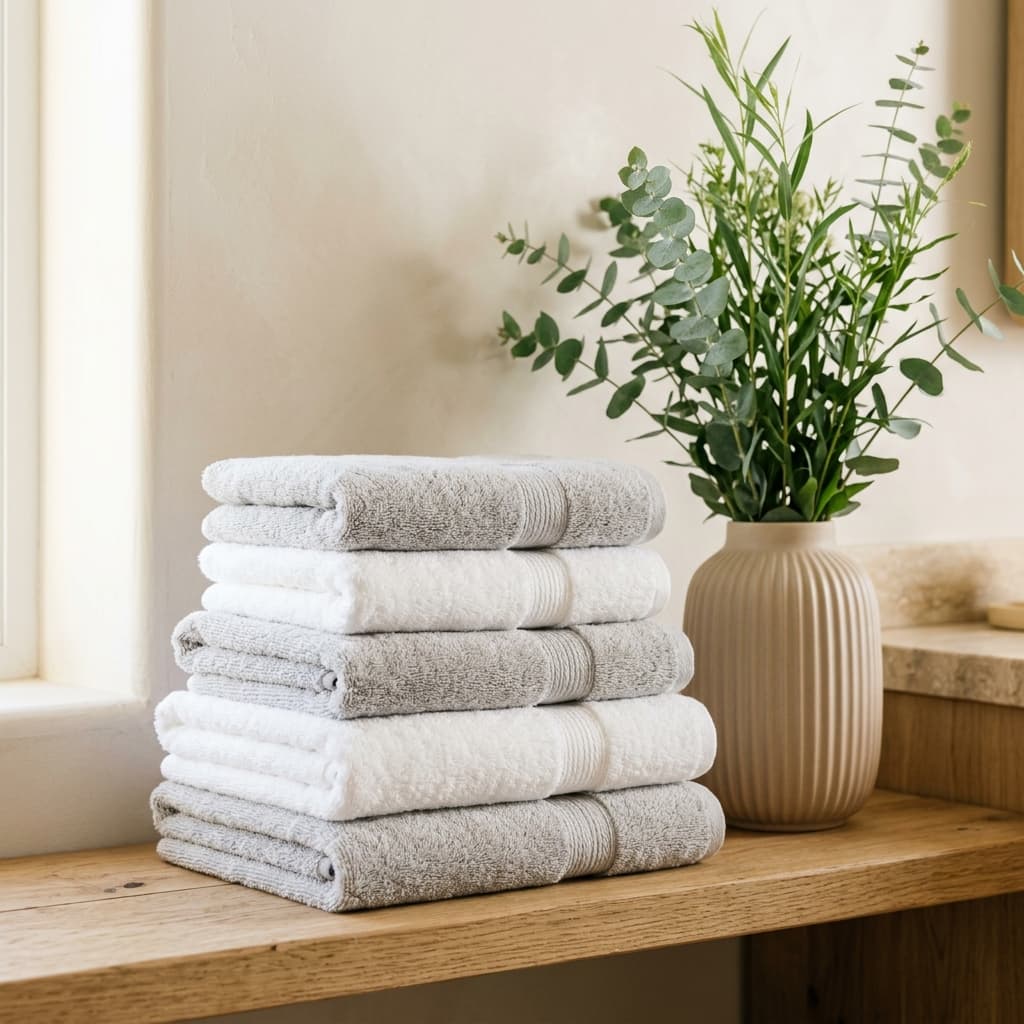 Folded towels and vase